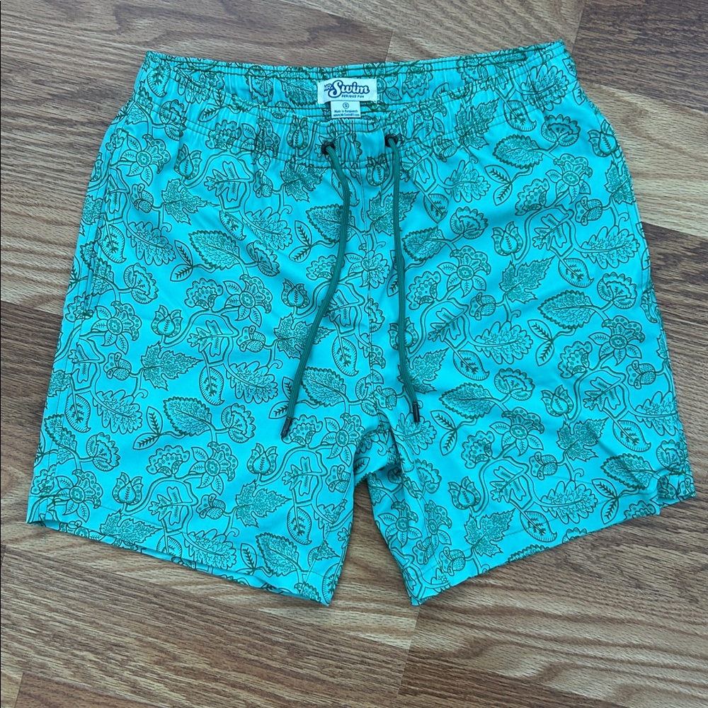 Mr.Swim Teal Leaf Print Swim Trunks